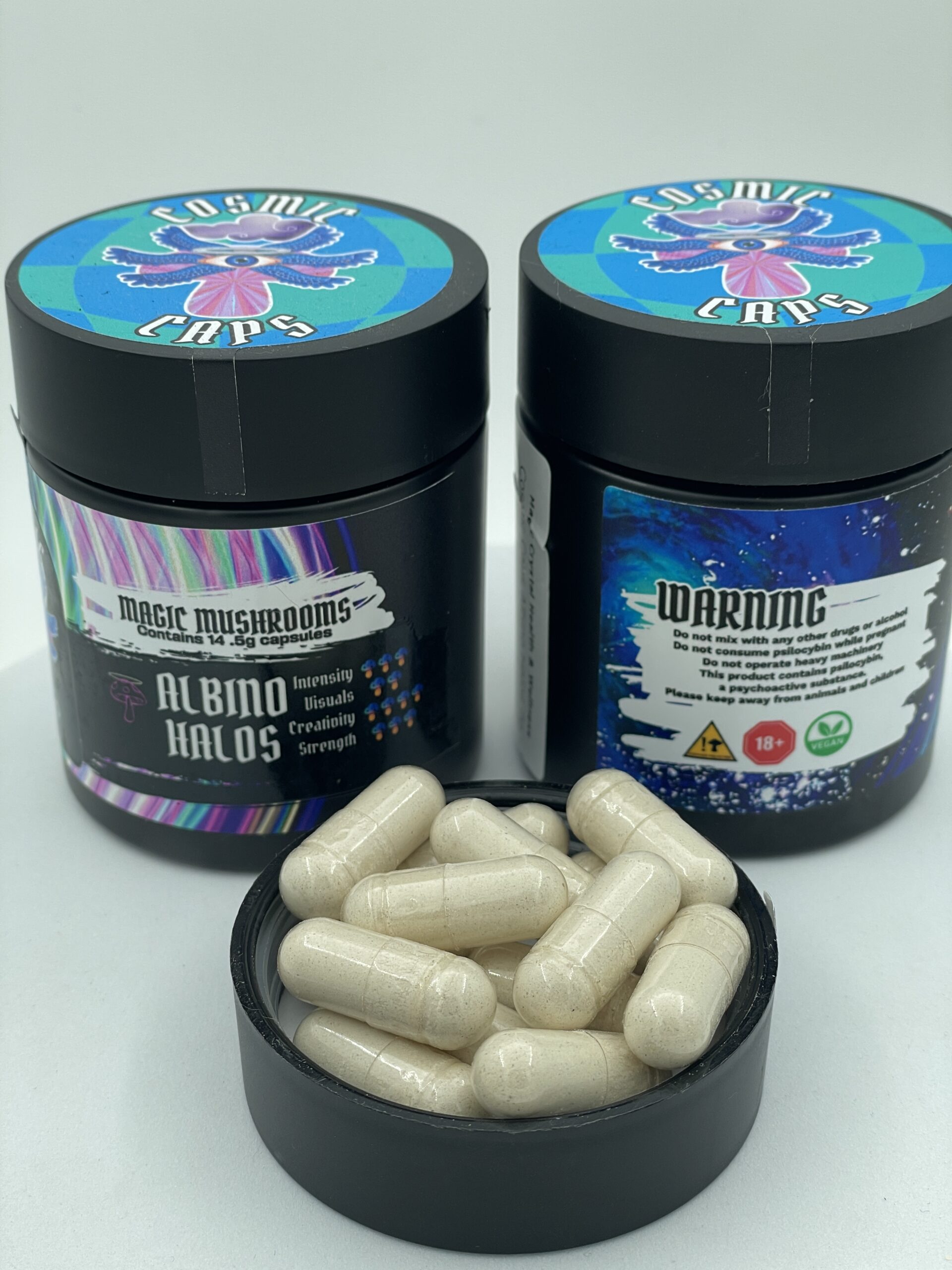 Cosmic Caps Shroom Capsules – Albino Golden Halo | 14.5g
